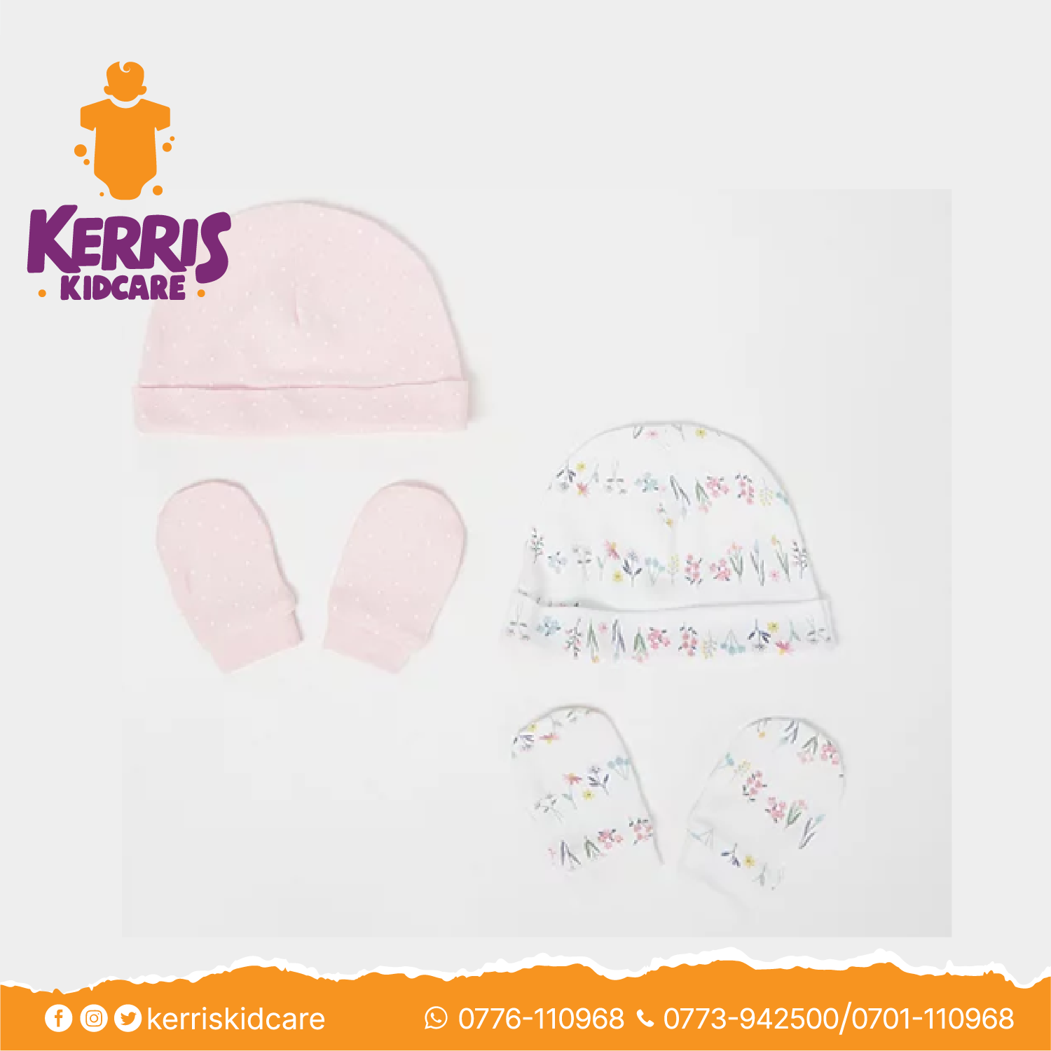 Pink Floral Print Hats and Scratch Mitts